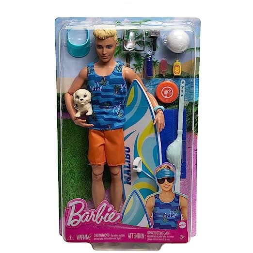 Barbie Ken Doll with Surfboard and Pet Puppy, Poseable Blonde Ken? Beach Doll with Themed Accessories Like Towel