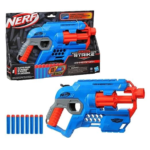 Nerf Alpha Strike Hammerstorm Blaster – Hammer-Priming Action, Rotating 8-Dart Drum, 8 Official Nerf Elite Darts – for Children, Teens, Adults, Multicolor (E6748)