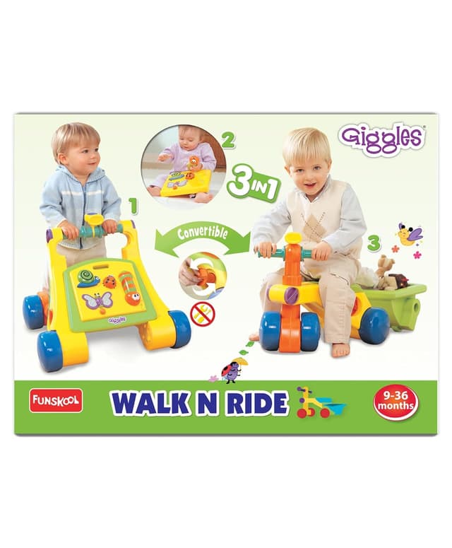 Funskool Giggles Walk N Ride 3 in 1 Activity Toy, Walker and Trike, Detachable Pull-Along Trailer
