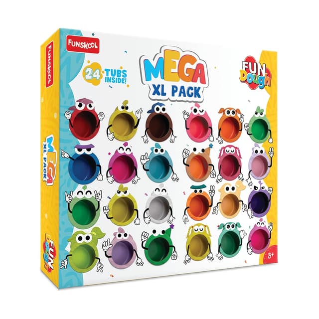Fundough Funskool Mega XL Pack - 24 tubs of dough, 25gms each, Multicolour, Dough, Toy, Shaping, Sculpting, 3 Years and above