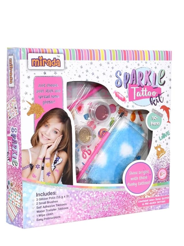 Mirada Sparkle Tattoo Kit Nail Art Kit for Girls | Fashionable Return/Birthday Gift | Includes Glitter Pots, Brushes & Tattoo Sheets