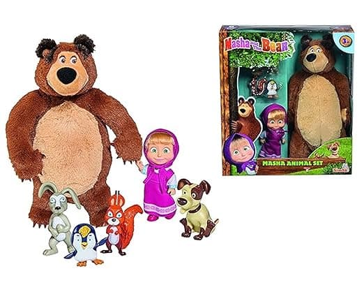 Masha & The Bear Play Set Set by Fratelli (12cm Masha Doll, 25cm Plush Bear with Animals Friends Play Set)