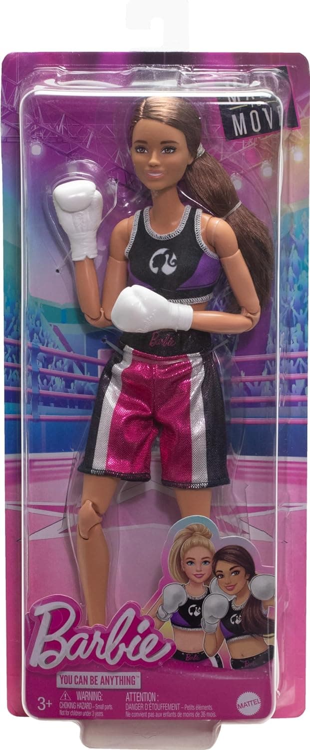Barbie Made to Move Doll & Accessories, Brunette Boxer Wearing Removable Uniform with Boxing Gloves, 22 Bendable Joints