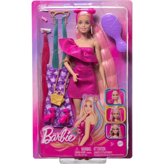 Barbie Doll Fun & Fancy Hair with Extra-Long Colorful Blonde Hair and Glossy Pink Dress 10 Hair and Fashion Play Accessories