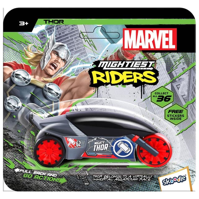 SKOODLE Marvel Pull-Back Rider Bike for Kids - Thor Edition Motorcycles, Marvel Inspired Toy Bikes with Sturdy and Long-Lasting Construction, Enhances Motor Skills and Fun Vehicle Toy for Gift - Grey