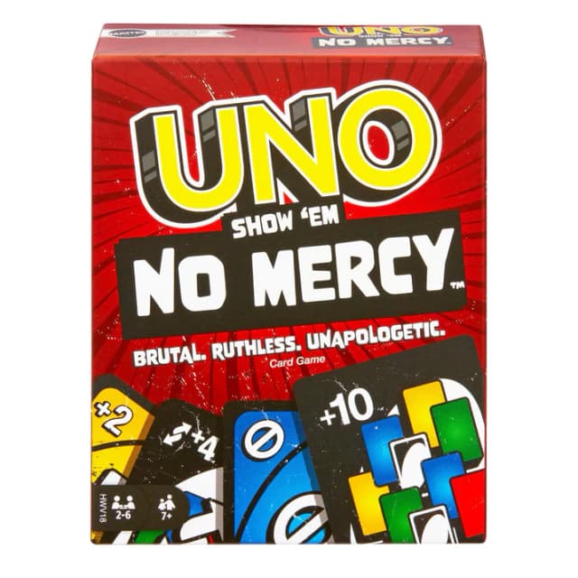 Mattel Games  UNO Show 'em No Mercy Card Game for Kids, Adults & Family Parties and Travel with Extra Cards, Special Rules and Tougher Penalties.