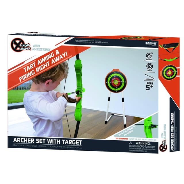 Playwell Innov8 Kids Archery Set with Target Stand, Adjustable Bow, 3 Arrows and Carry Bag, Green and Orange