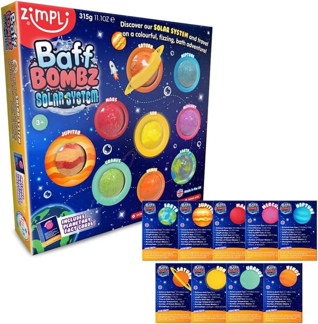 Zimpli 9 x Solar System Bath Bombs Gift Set, 9 x Planetary Fact Cards, Educational Planet Bath Bombs for Children, Science Kits for Boys & Girls, Bath Toy Birthday Presents