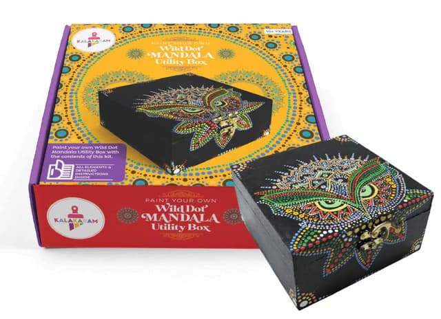 Kalakaram Paint Your Own Dot Mandala Art Utility Box, with Design Templates, Dot Mandala Art Utility Box Painting Kit, with Acrylic Paints