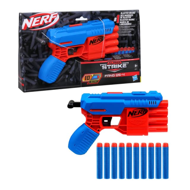 Nerf Alpha Strike Fang QS-4 Toy Blaster, 4-Dart Blasting Fire 4 Darts in a Row, 10 Official Nerf Elite Darts Easy Load-Prime-Fire, Toys
