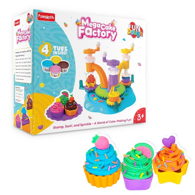 Fun Dough Mega Cake Factory, Pretend Play Dough Set for Kids, DIY Cake-Making Toy, Stamp, Swirl & Sprinkle, 4 Dough Tubs Included, Creative Playset for 3+ Years, Gift for Boys & Girls by Funskool