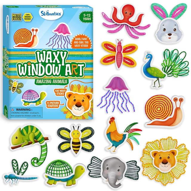 Skillmatics Waxy Window Art - 100 Bendable Waxy Sticks for Mess-Free DIY Fun, Reusable 100% Organic Beeswax Craft Kit, Travel Friendly, Creative Gifts for Girls & Boys Ages 5, 6, 7, 8, 9, 10, 11, 12
