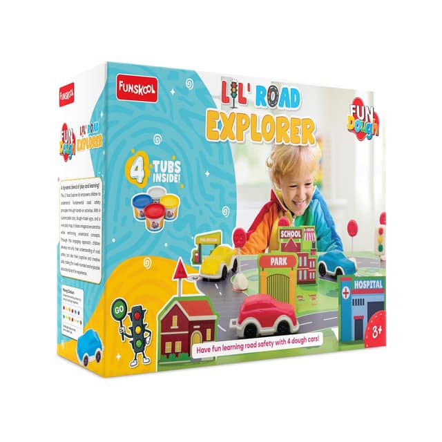 Fundough Funskool Lil Road Explorer Play Set for Kid, 4 Colorful Tubs of 75g Each (300g Total), Learning, Fun & Engaging Activity, Multicolour, Gift Set for Kids, Age 3+ Years