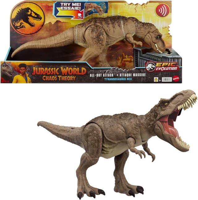 Mattel Jurassic World T. rex Dinosaur Toy with Sound & Movement, All-Out Attack Tyrannosaurus Rex Action Figure With Digital Play