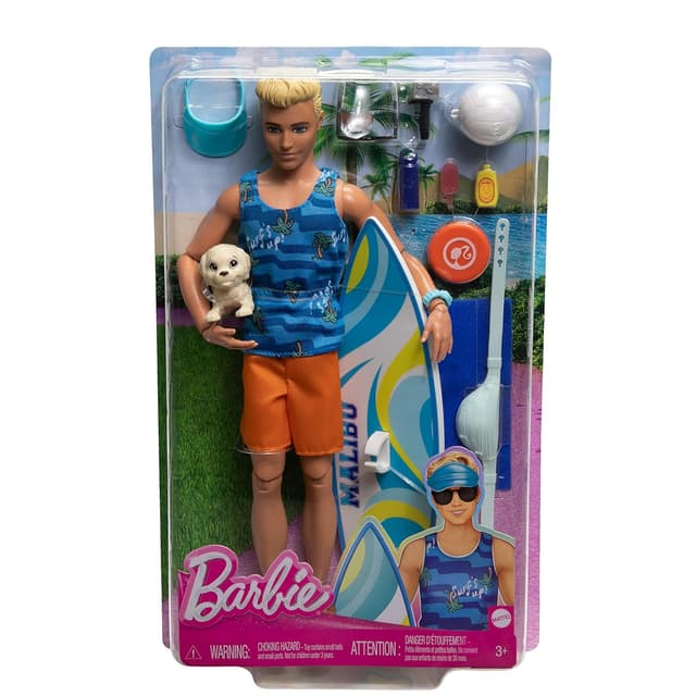 Barbie ?Ken Doll with Surfboard and Pet Puppy, Poseable Blonde Ken
