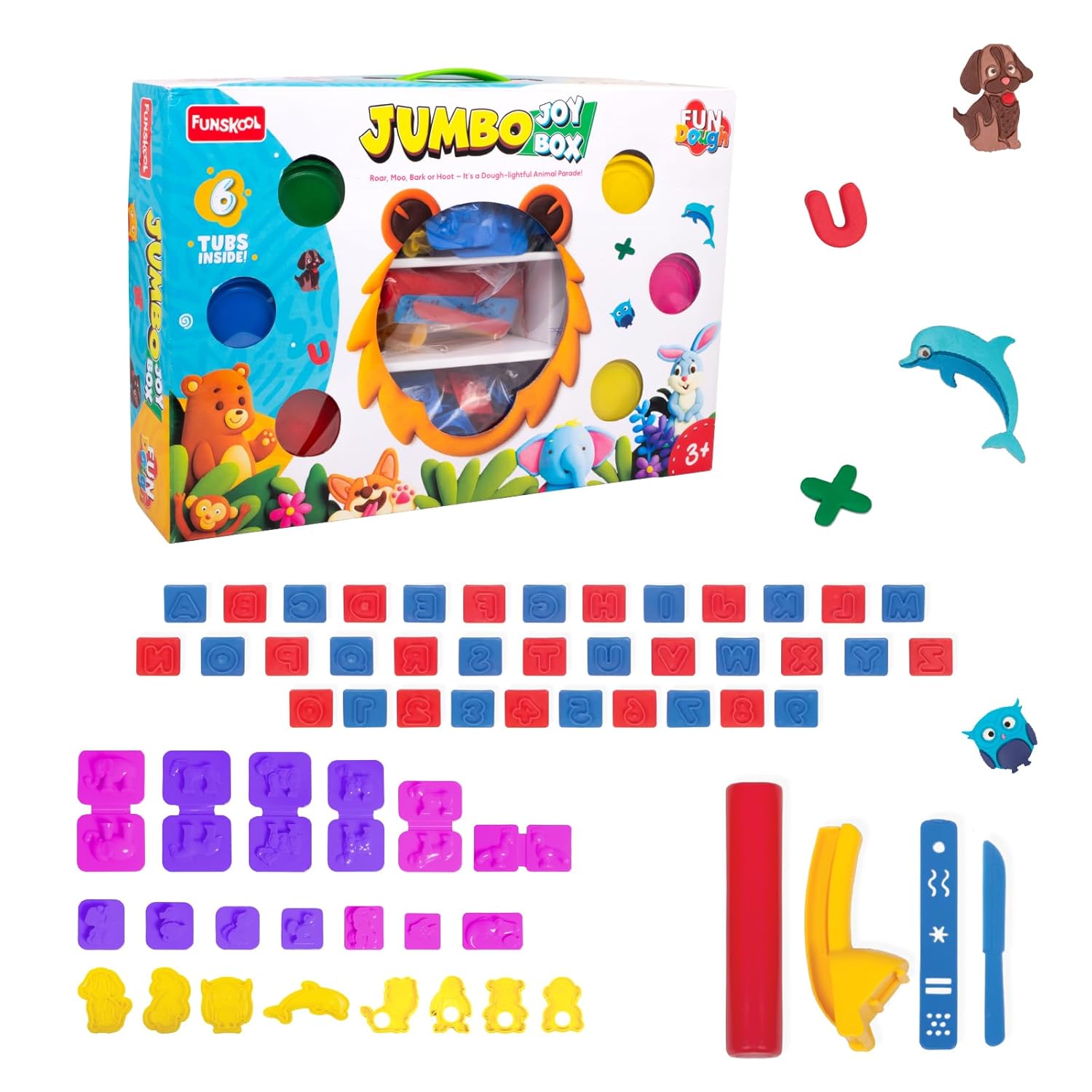 Fundough Funskool Jumbo Joy Box – 6 Color Tubs, 21 Animal Cutters, 36 ...